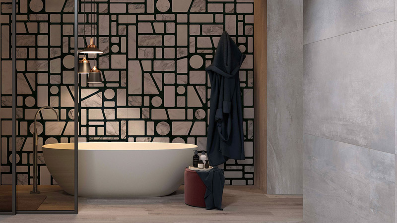 carreCarrelage XXL décoratif posé dans une salle de bain